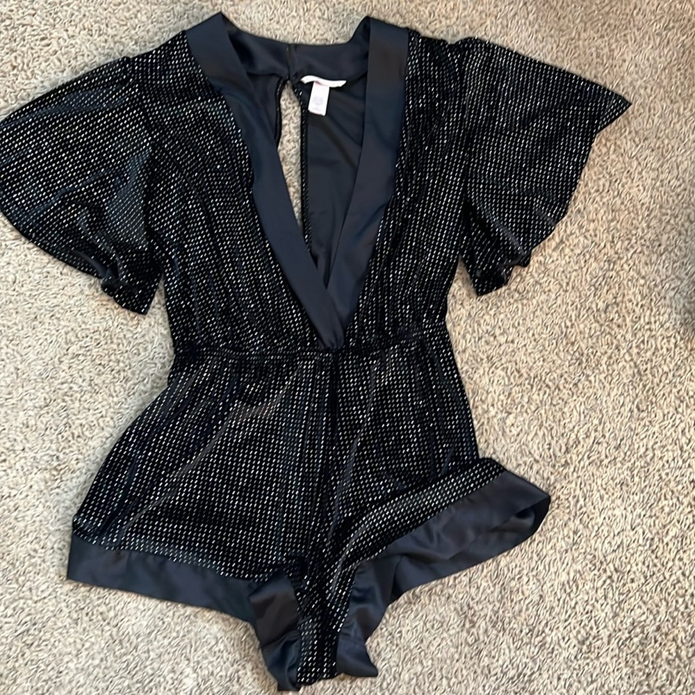 Victoria Secret Black Velvet Rhinestone Romper Size Large NWOT